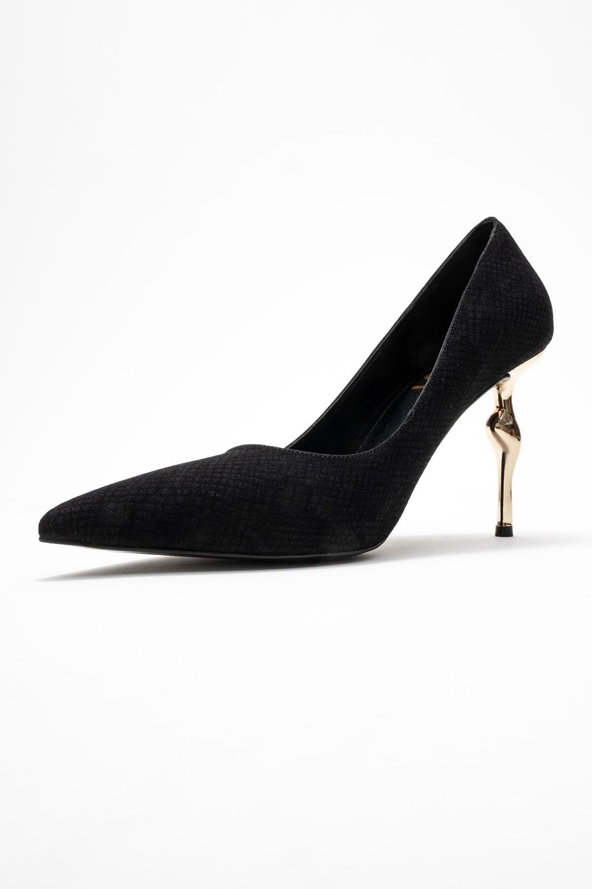 Hudson - Black Patterned Pump – heel view showing leather, metallic, black, SimmiUnique