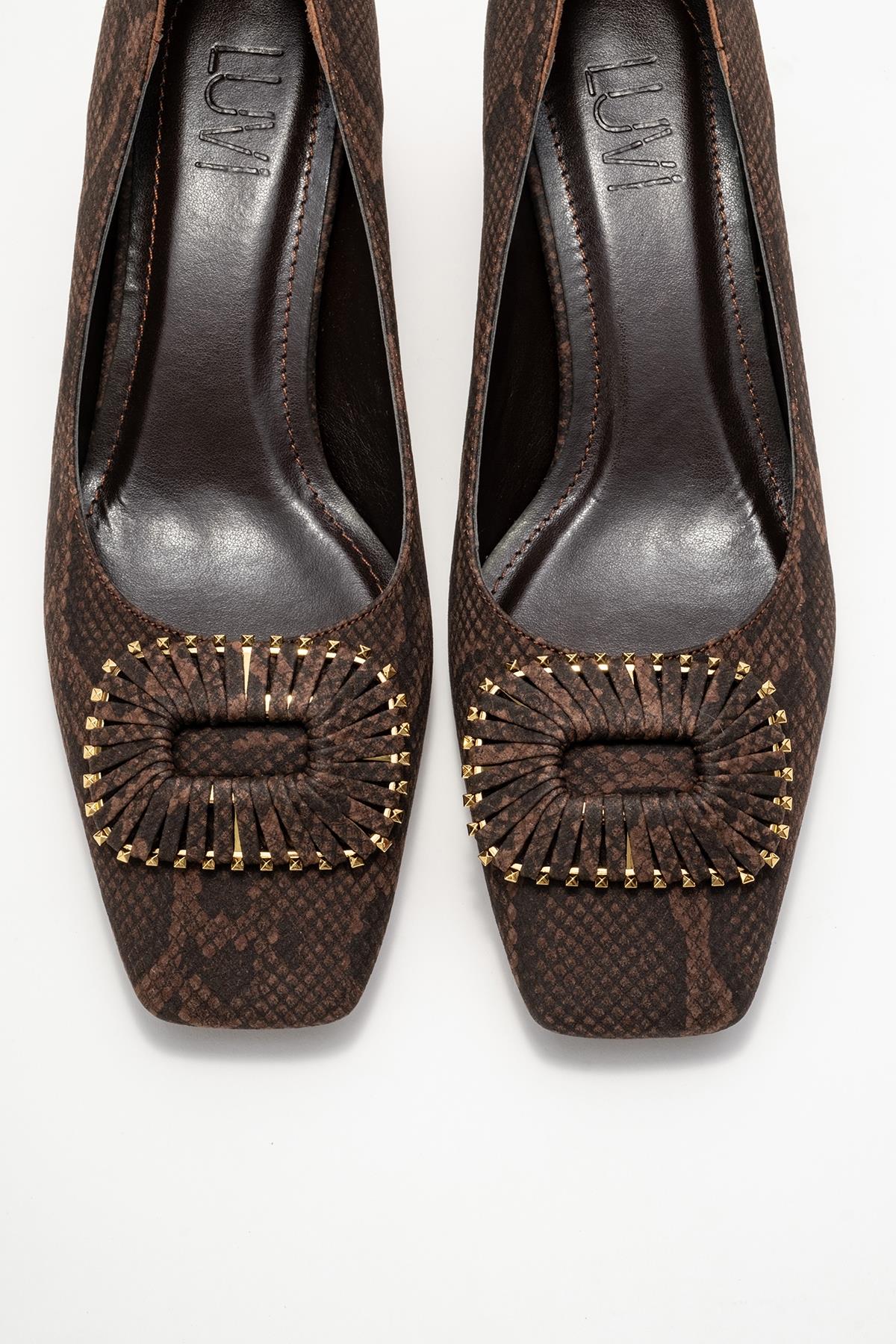 Velora - Brown Patterned Buckled Block Heel Shoe – side view showing leather, SimmiUnique