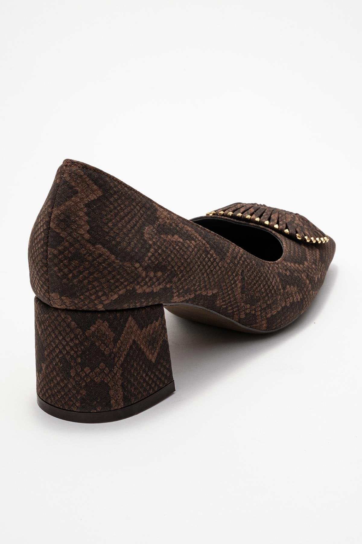 Velora - Brown Patterned Buckled Block Heel Shoe – back view showing leather, SimmiUnique