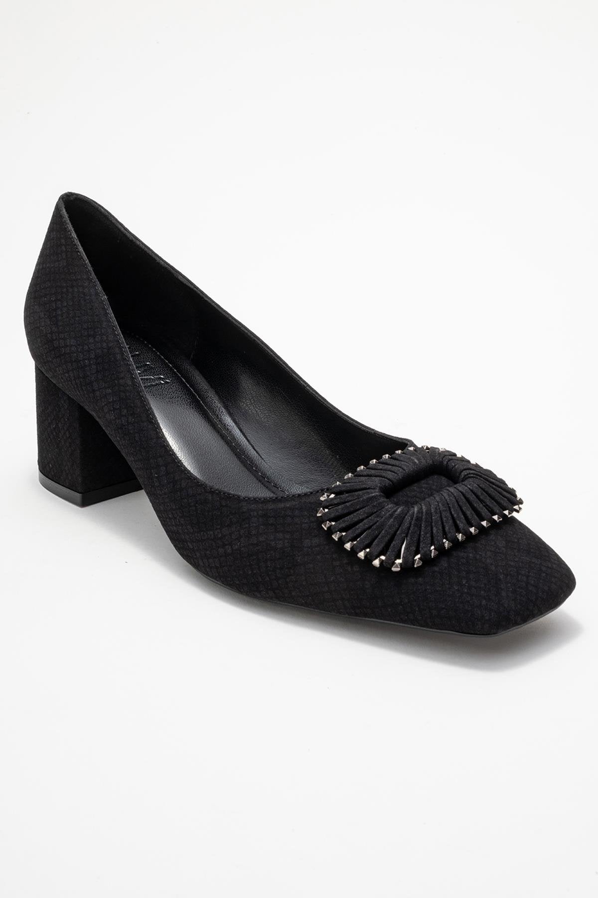 Velora - Black Patterned Buckled Block Heel Shoe – detail view showing leather, black, SimmiUnique
