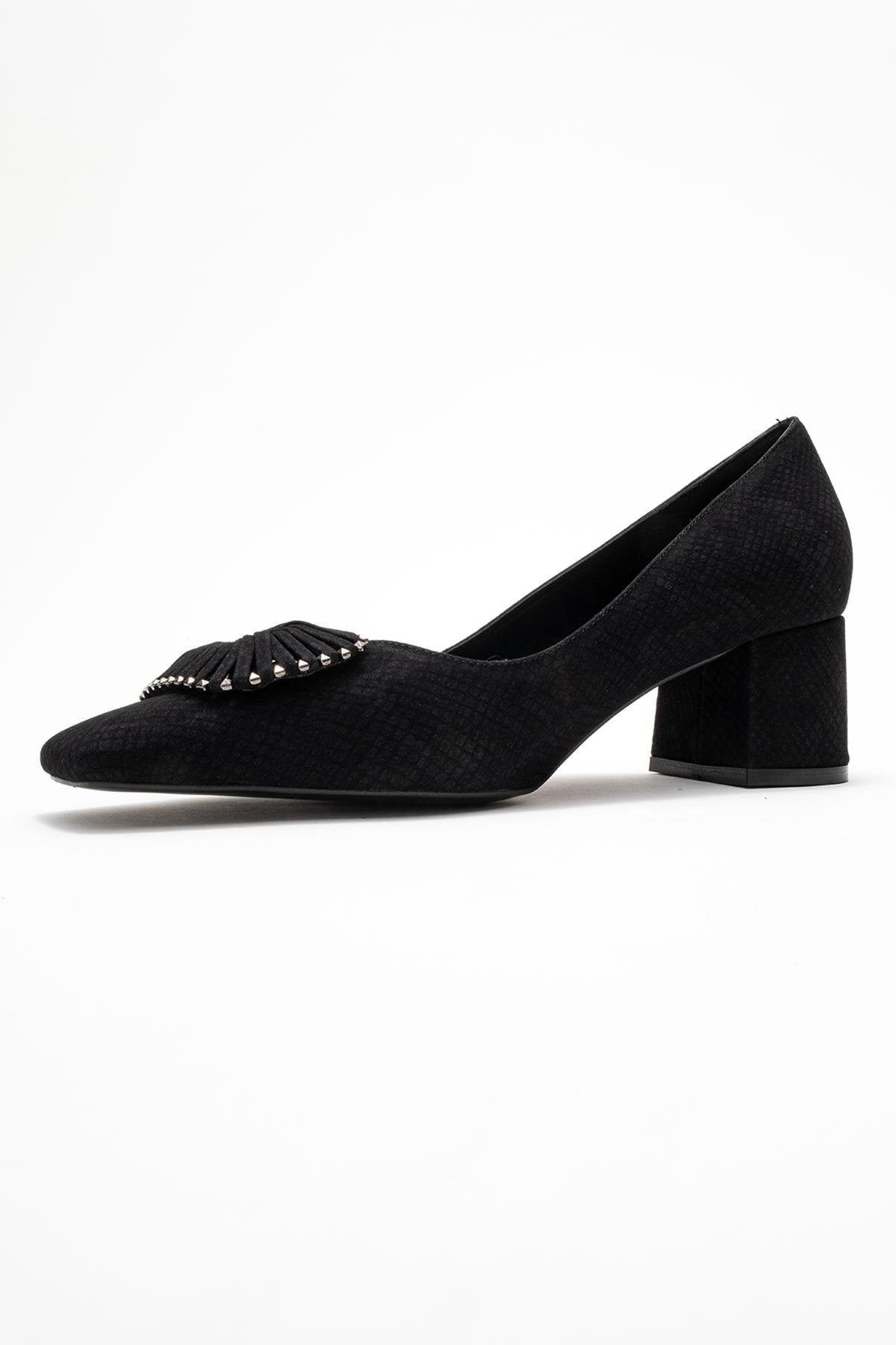 Velora - Black Patterned Buckled Block Heel Shoe – heel view showing leather, black, SimmiUnique