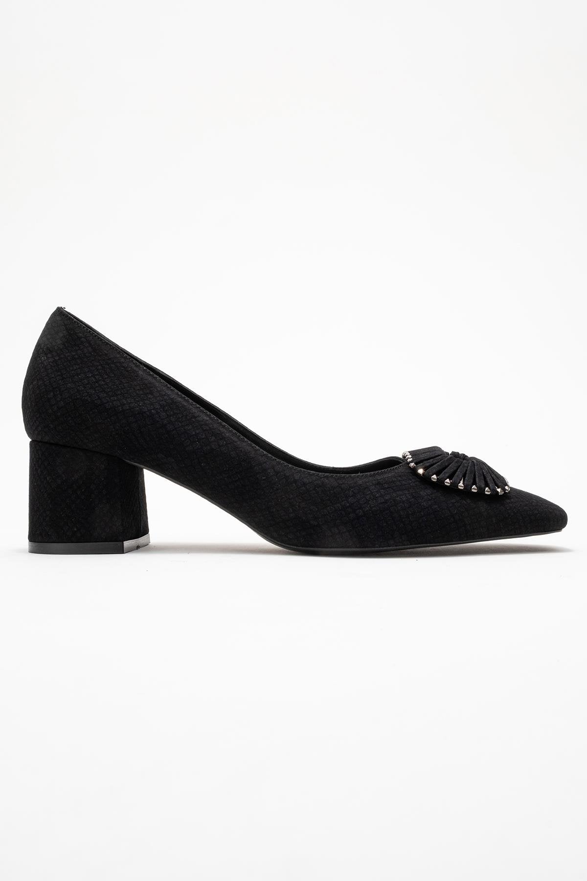 Velora - Black Patterned Buckled Block Heel Shoe – top view showing leather, black, SimmiUnique