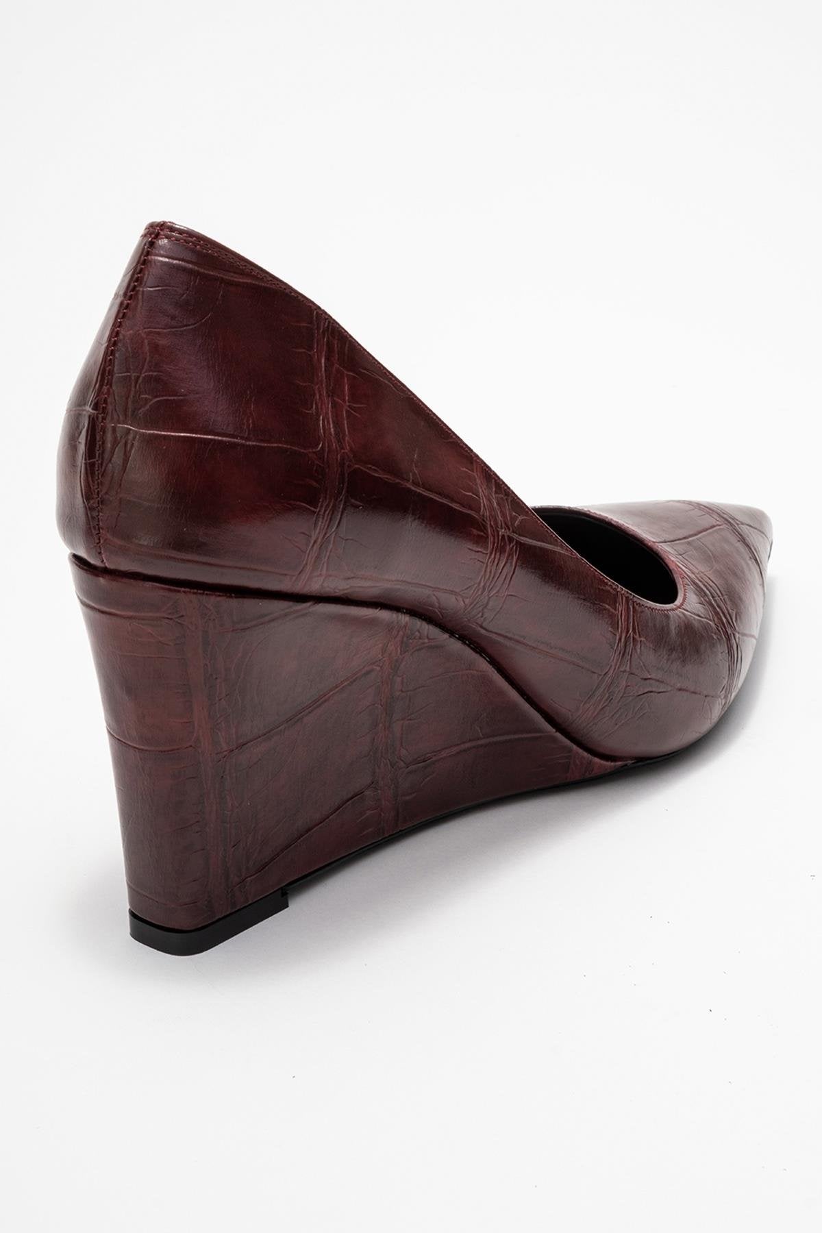 Puera - Burgundy Printed Pointed Toe Wedge Heel Shoe – back view showing leather, SimmiUnique