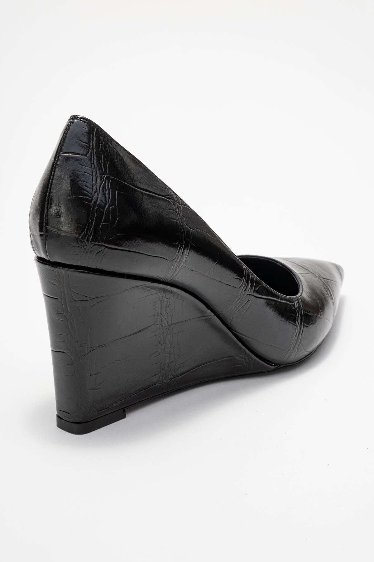 Puera - Black Printed Pointed Toe Wedge Heel Pump – back view showing leather, black, SimmiUnique