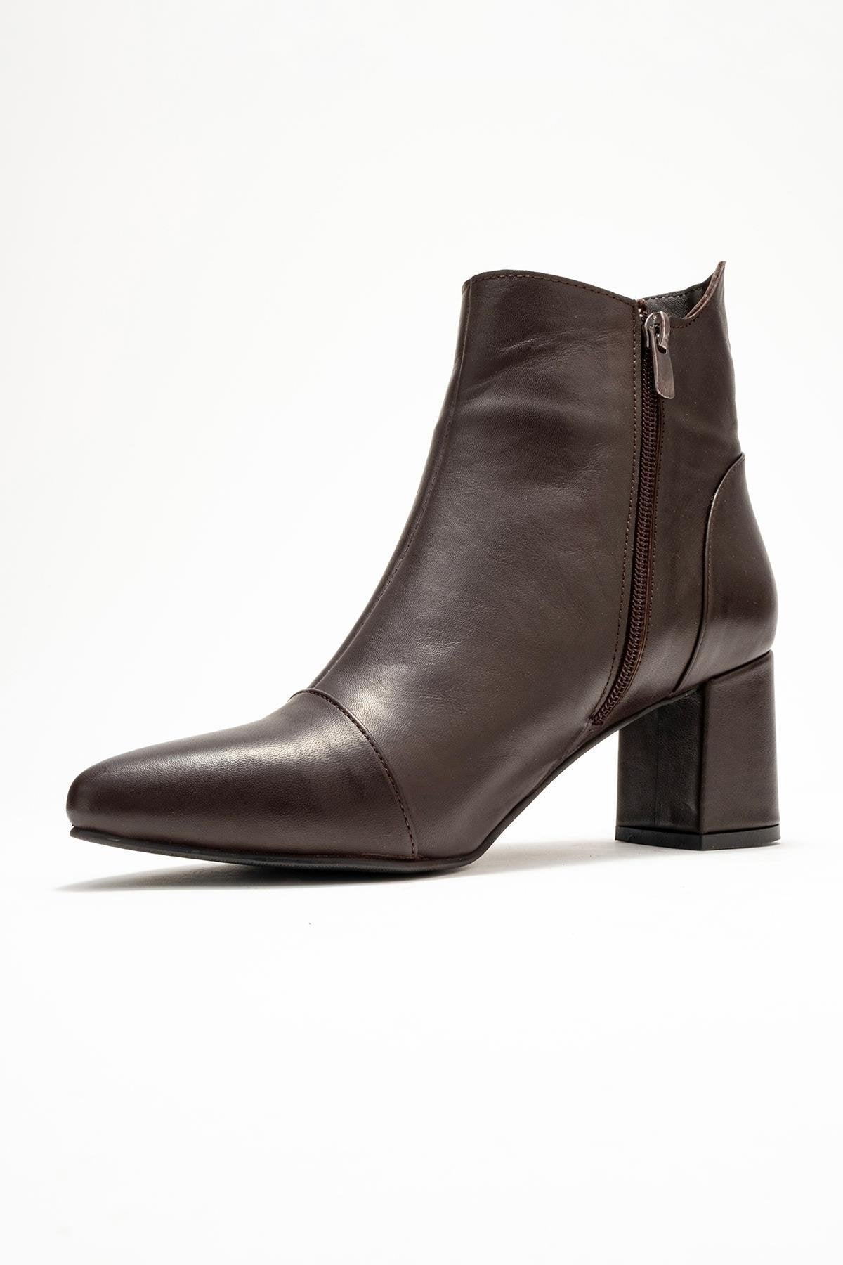 Gael - Brown Genuine Leather Block Heel Boot – heel view showing leather, SimmiUnique