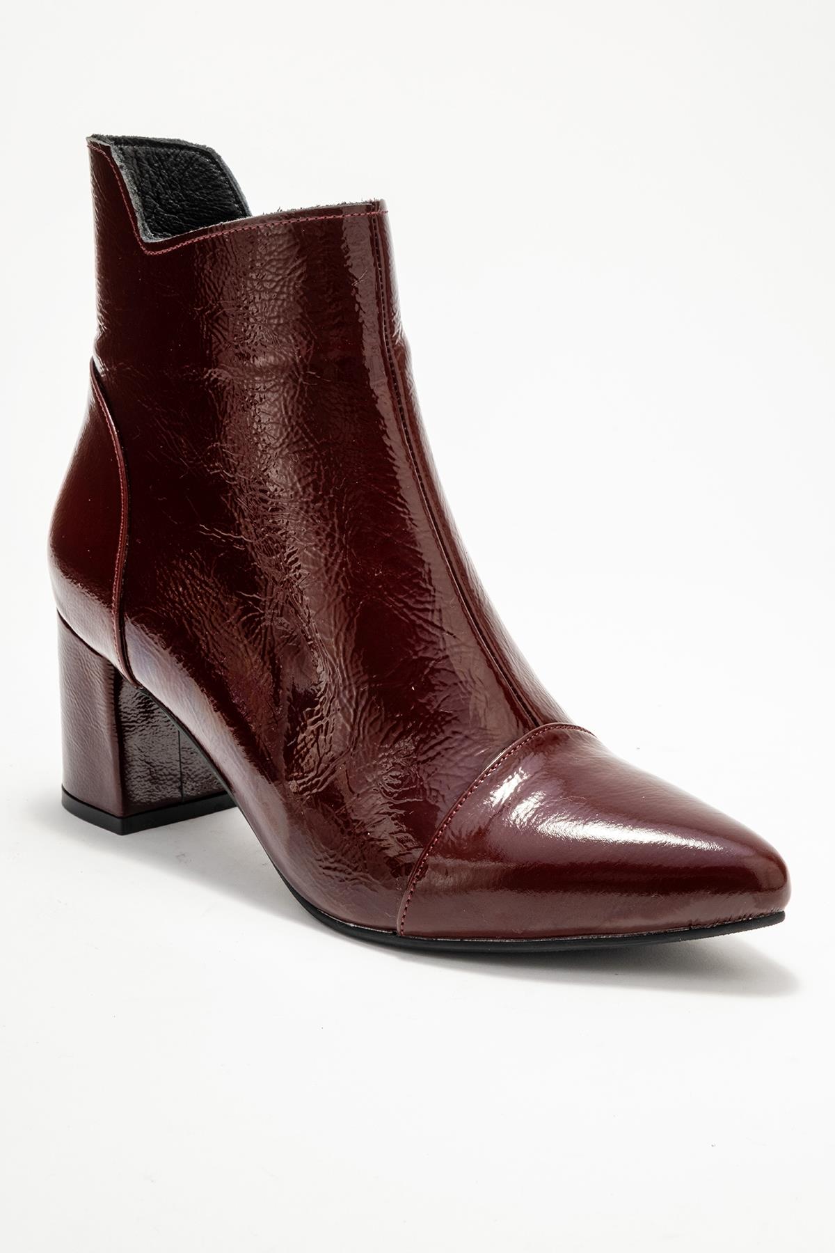 Gael - Burgundy Patent Genuine Leather Block Heel Boot – detail view showing leather, SimmiUnique