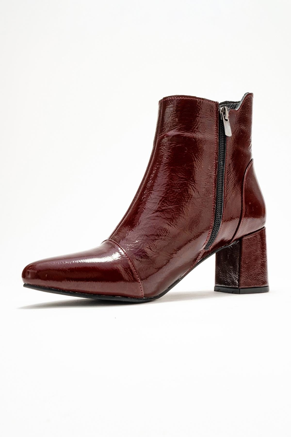 Gael - Burgundy Patent Genuine Leather Block Heel Boot – heel view showing leather, SimmiUnique