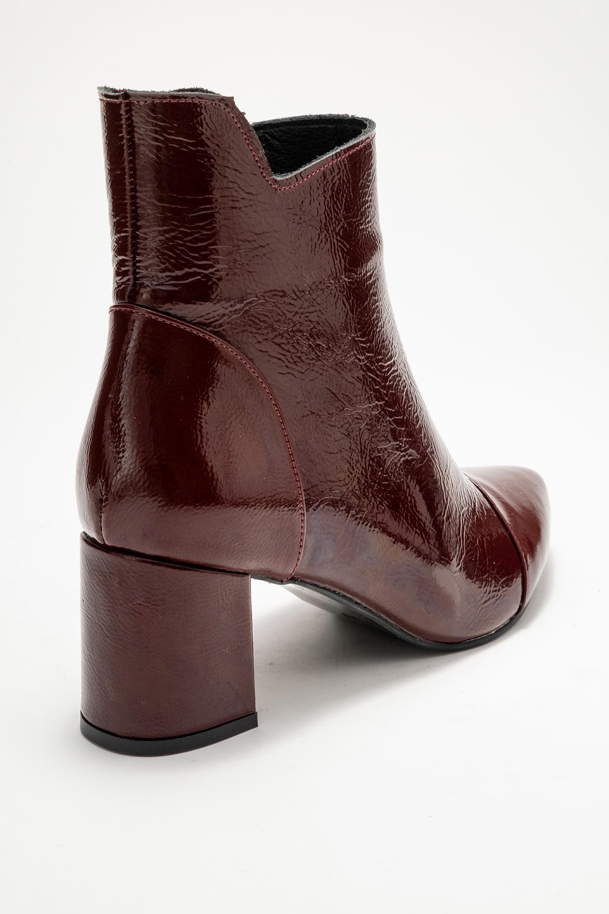 Gael - Burgundy Patent Genuine Leather Block Heel Boot – back view showing leather, SimmiUnique