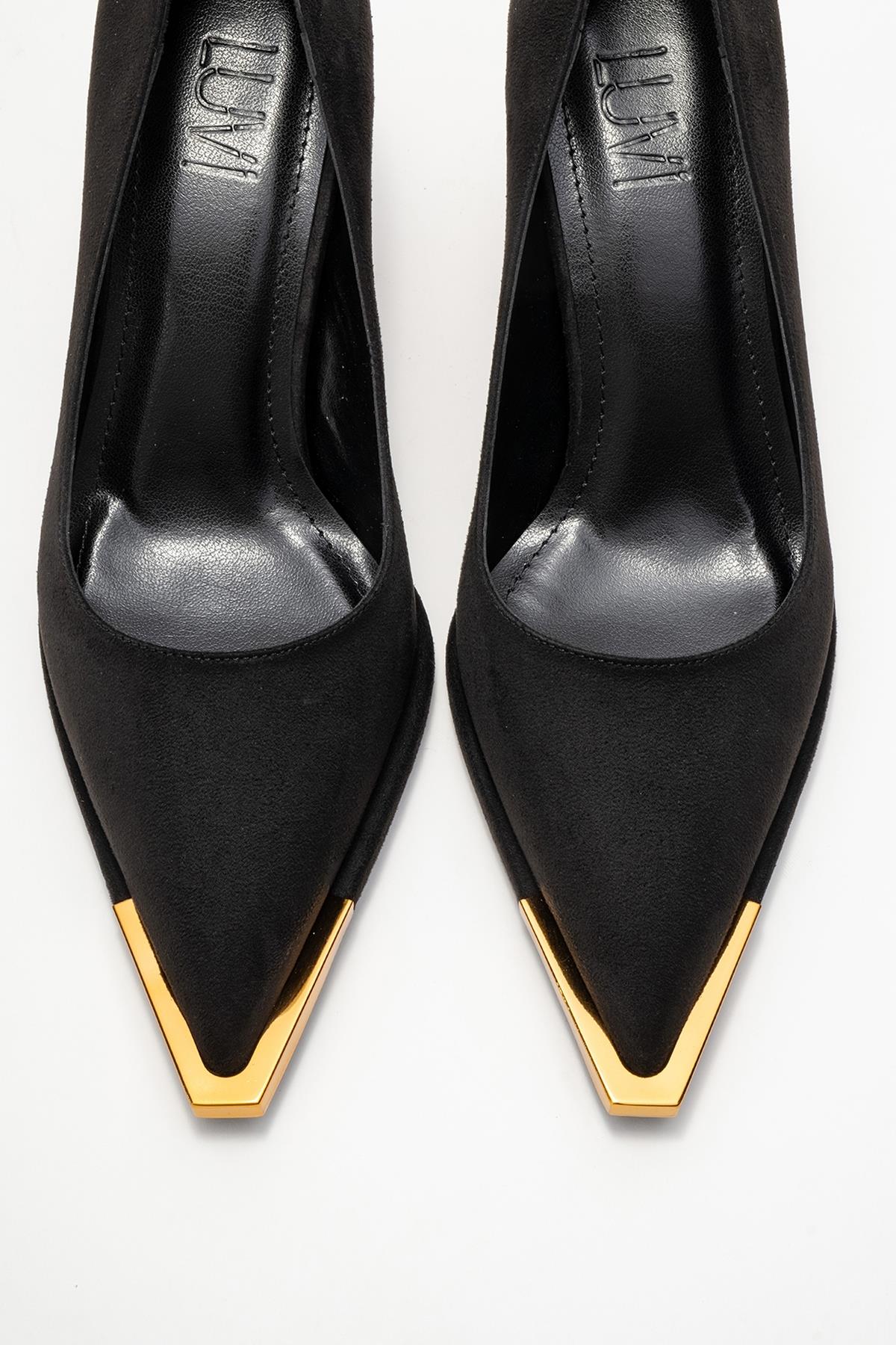 Liora - Black Suede Gold-Detail Block Heel Pump – side view showing leather, suede, black, SimmiUnique