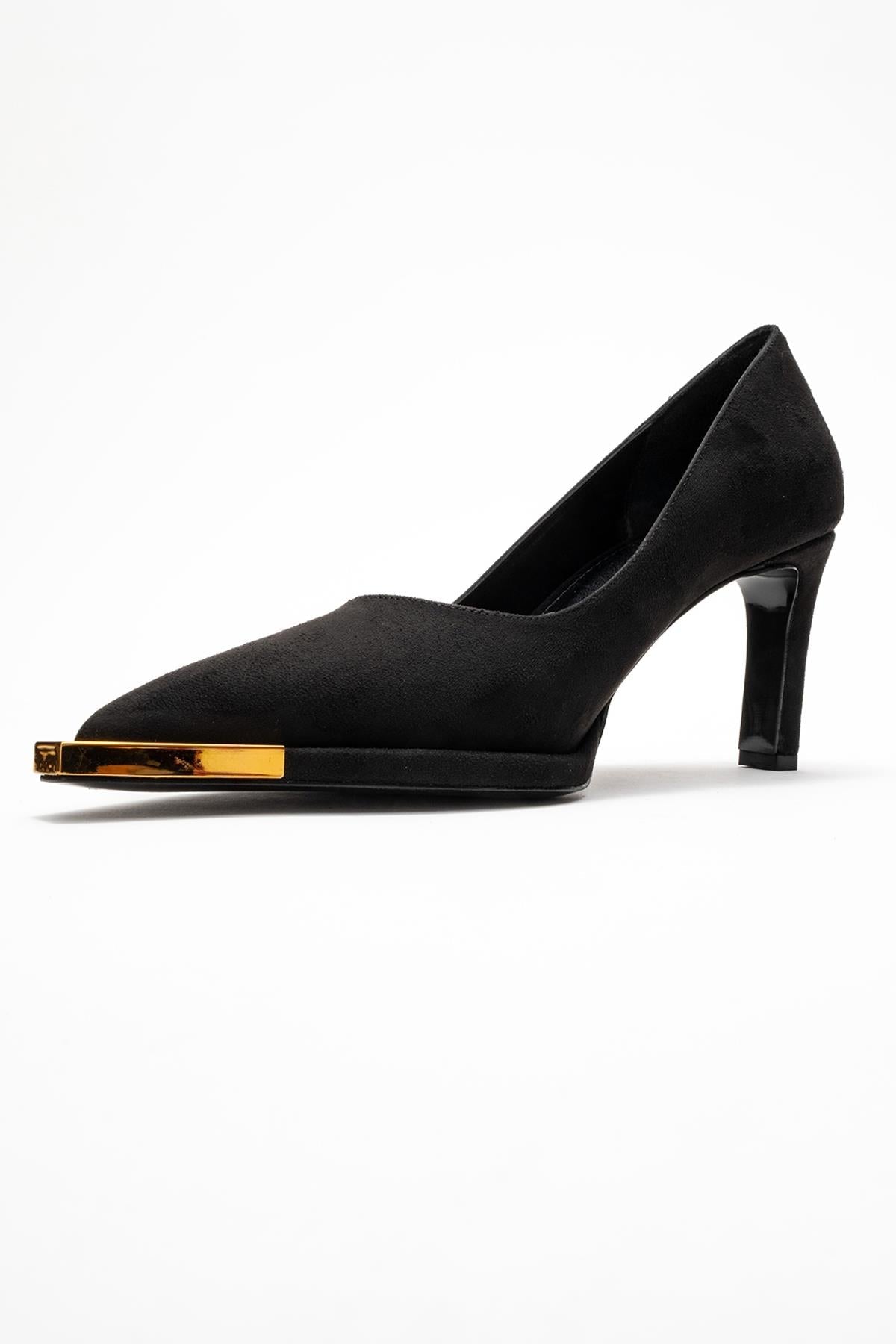 Liora - Black Suede Gold-Detail Block Heel Pump – heel view showing leather, suede, black, SimmiUnique