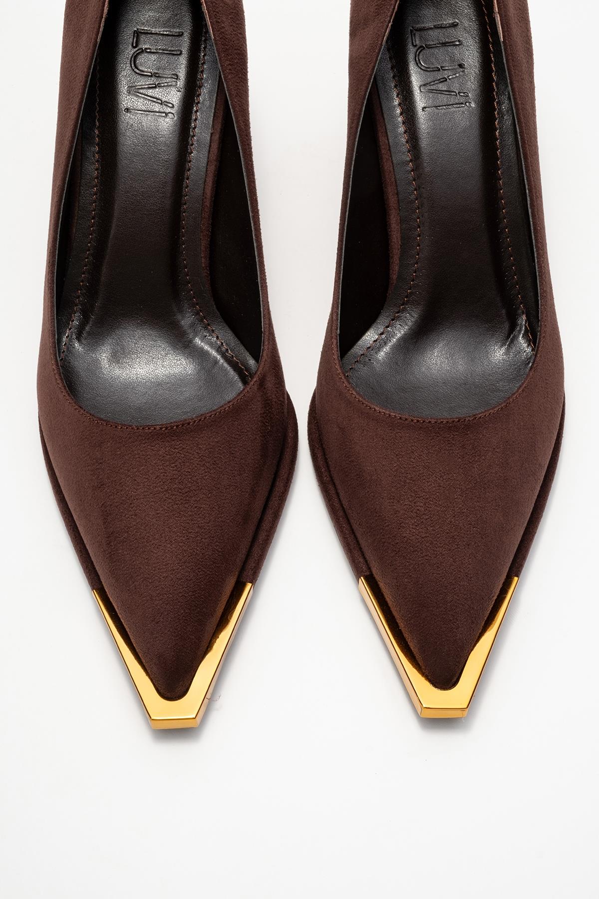 Liora - Brown Suede Gold-Detail Block Heel Pump – side view showing leather, suede, gold, SimmiUnique