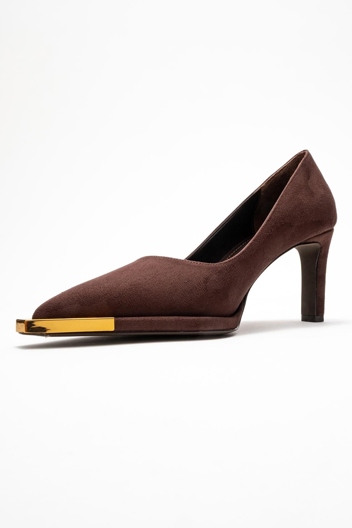 Liora - Brown Suede Gold-Detail Block Heel Pump – heel view showing leather, suede, gold, SimmiUnique