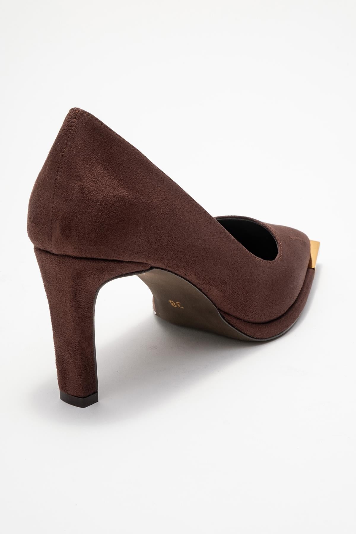 Liora - Brown Suede Gold-Detail Block Heel Pump – back view showing leather, suede, gold, SimmiUnique