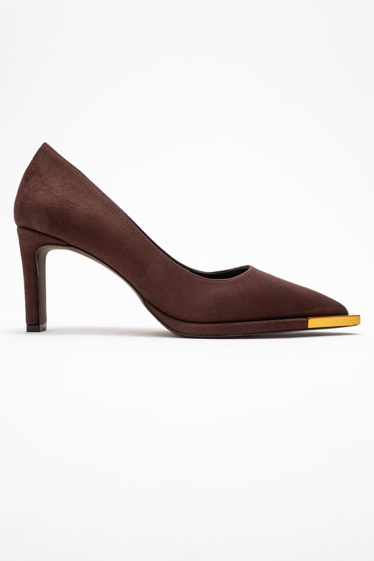 Liora - Brown Suede Gold-Detail Block Heel Pump – top view showing leather, suede, gold, SimmiUnique