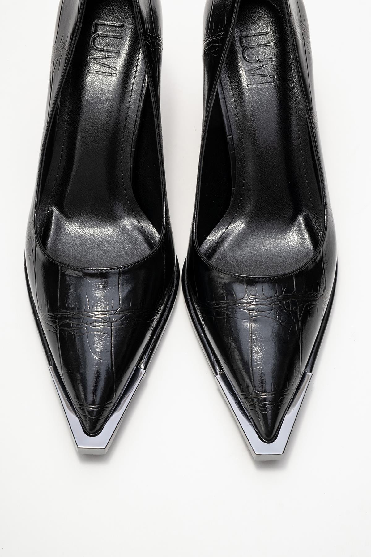 Liora - Black Printed Platinum-Detail Block Heel Pump – side view showing leather, metallic, black, SimmiUnique