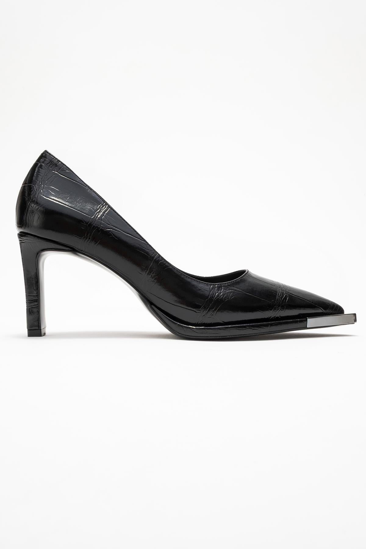 Liora - Black Printed Platinum-Detail Block Heel Pump – top view showing leather, metallic, black, SimmiUnique