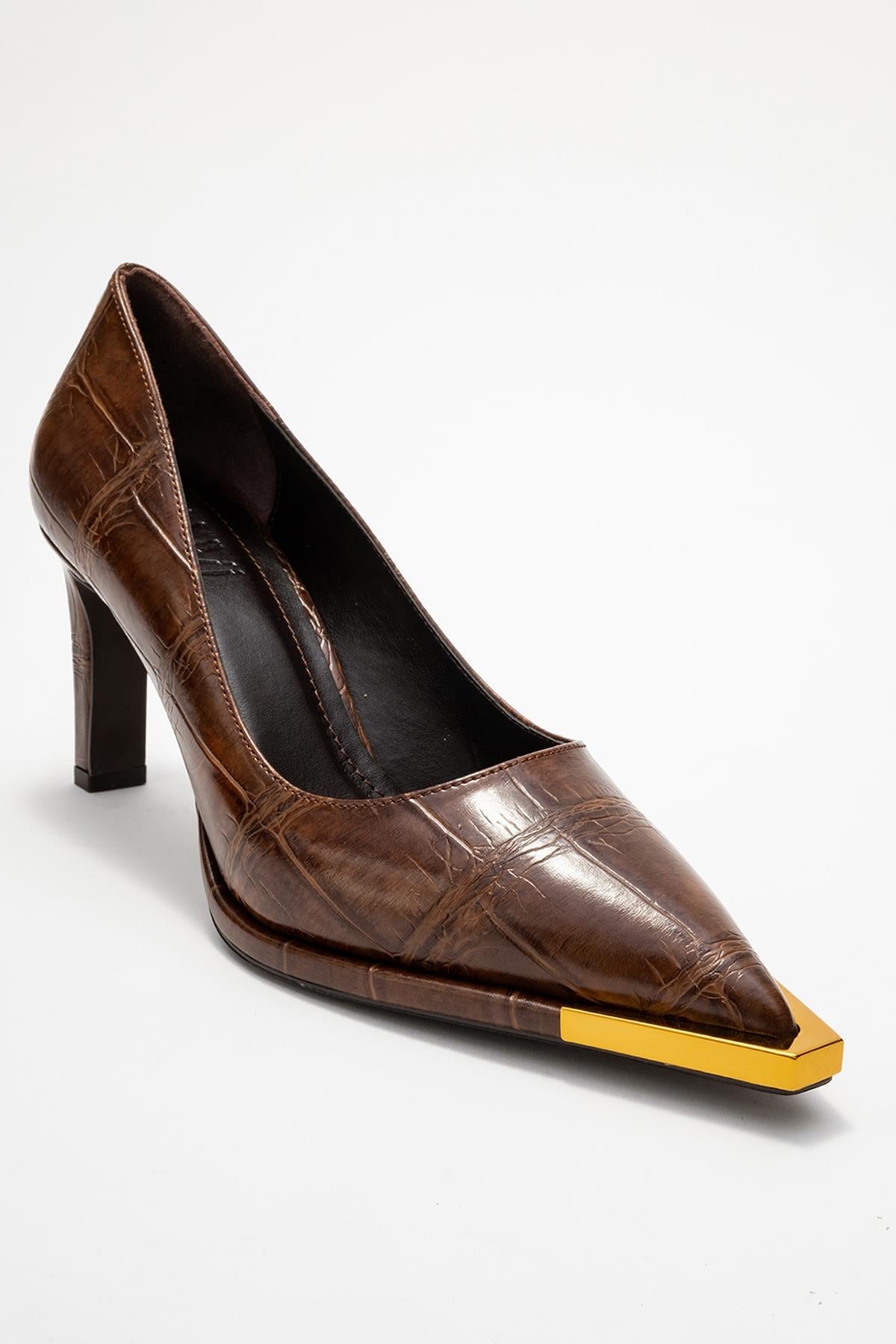 Liora - Brown Printed Gold-Detail Block Heel Pump – detail view showing leather, metallic, gold, SimmiUnique