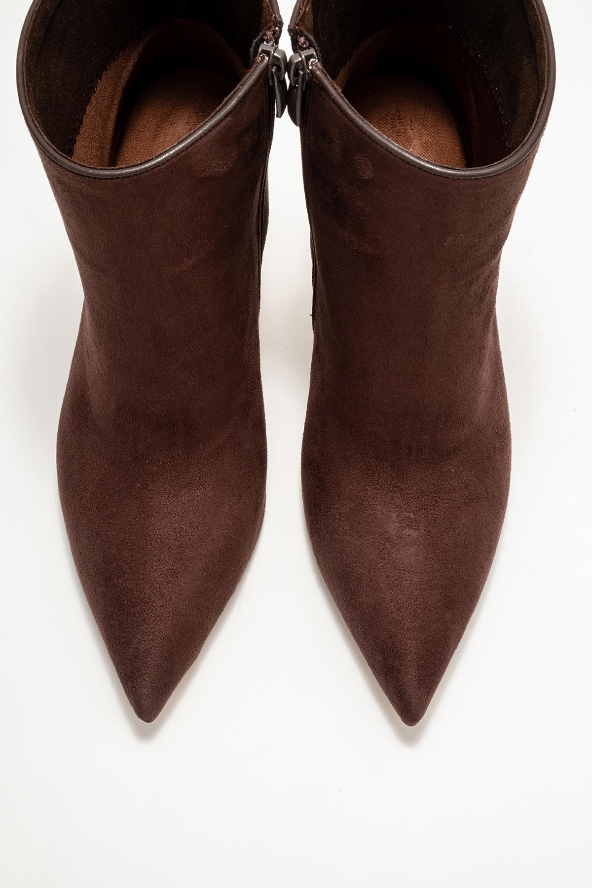 Crista - Brown Suede Pointed Toe Heeled Boot – side view showing suede, metallic, SimmiUnique
