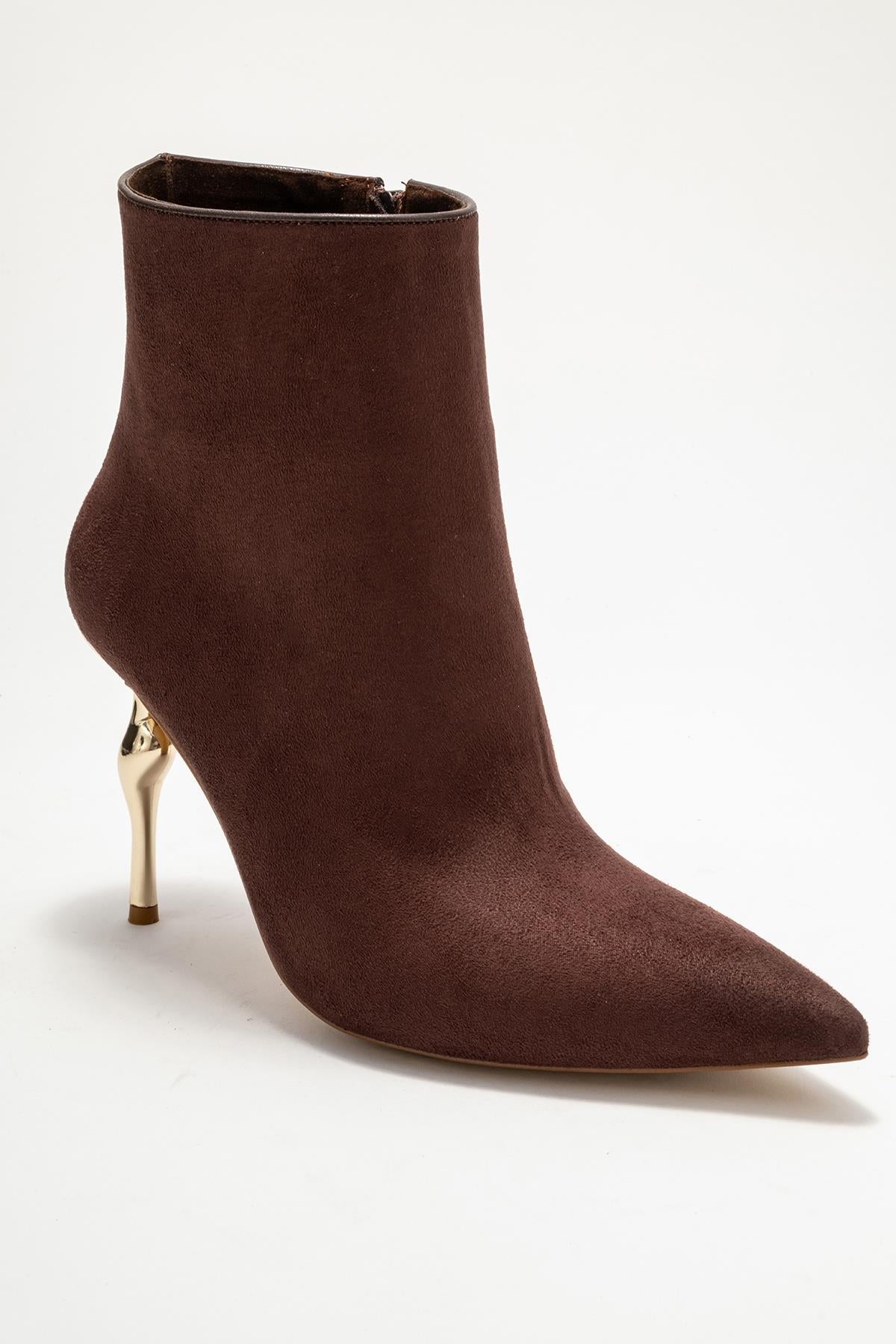 Crista - Brown Suede Pointed Toe Heeled Boot – detail view showing suede, metallic, SimmiUnique