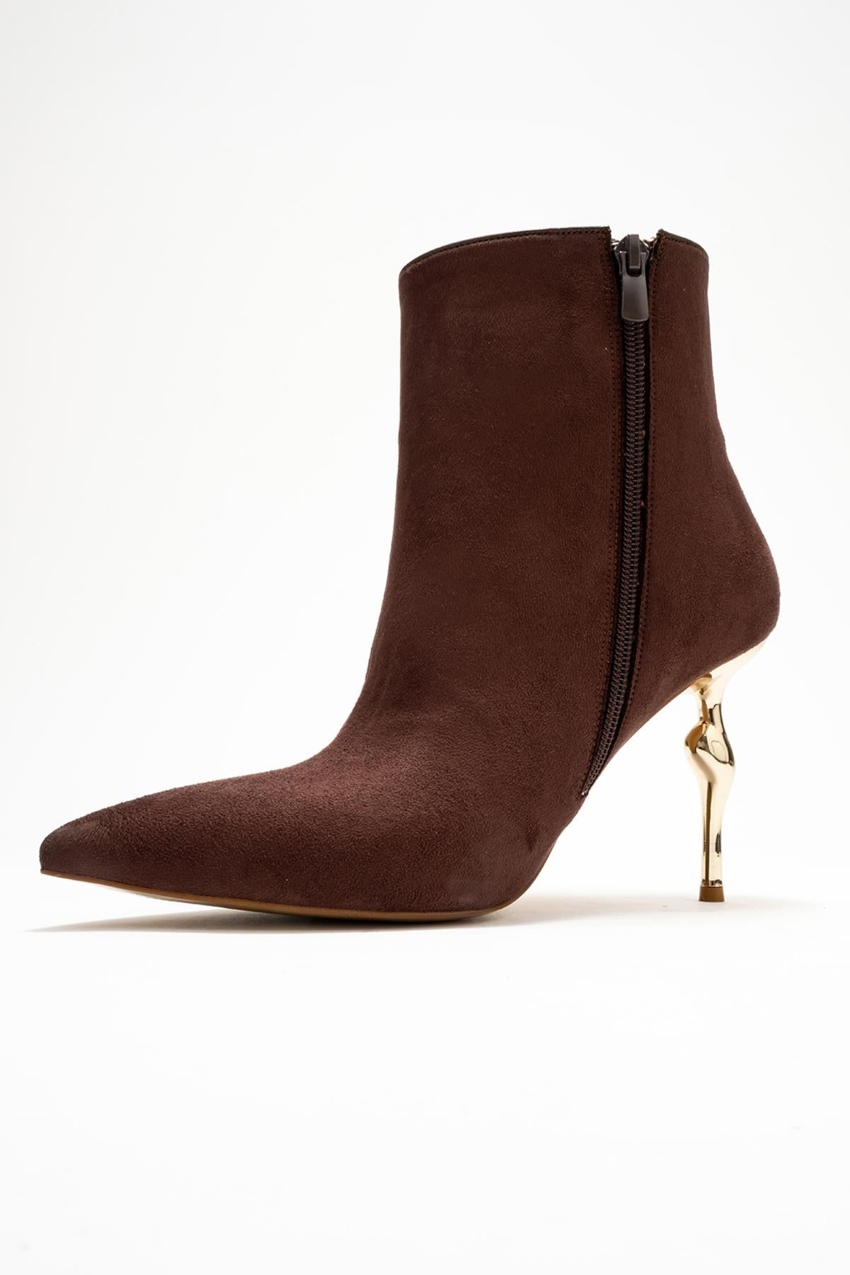 Crista - Brown Suede Pointed Toe Heeled Boot – heel view showing suede, metallic, SimmiUnique