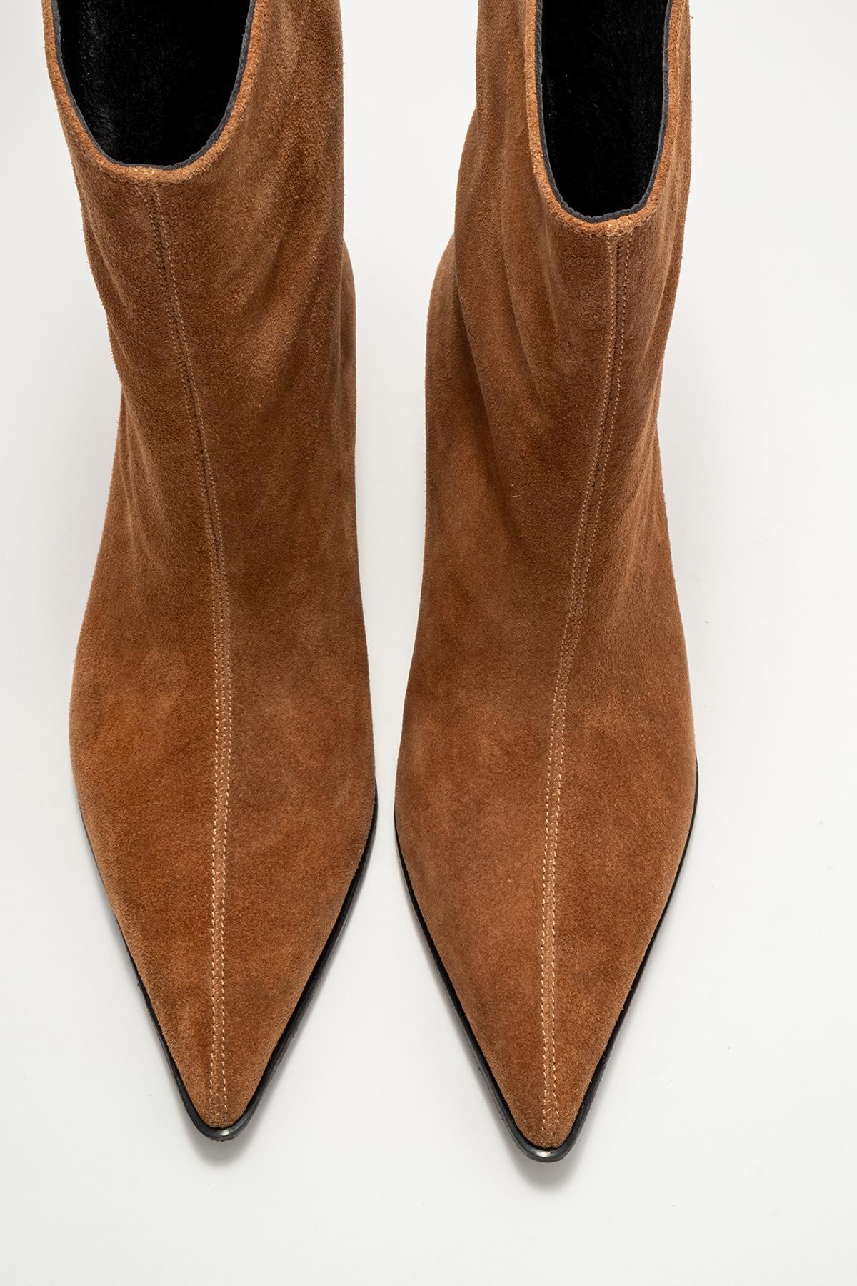Aleo - Taupe Suede Genuine Leather Pointed Toe Short Heel Boot – side view showing leather, suede, SimmiUnique
