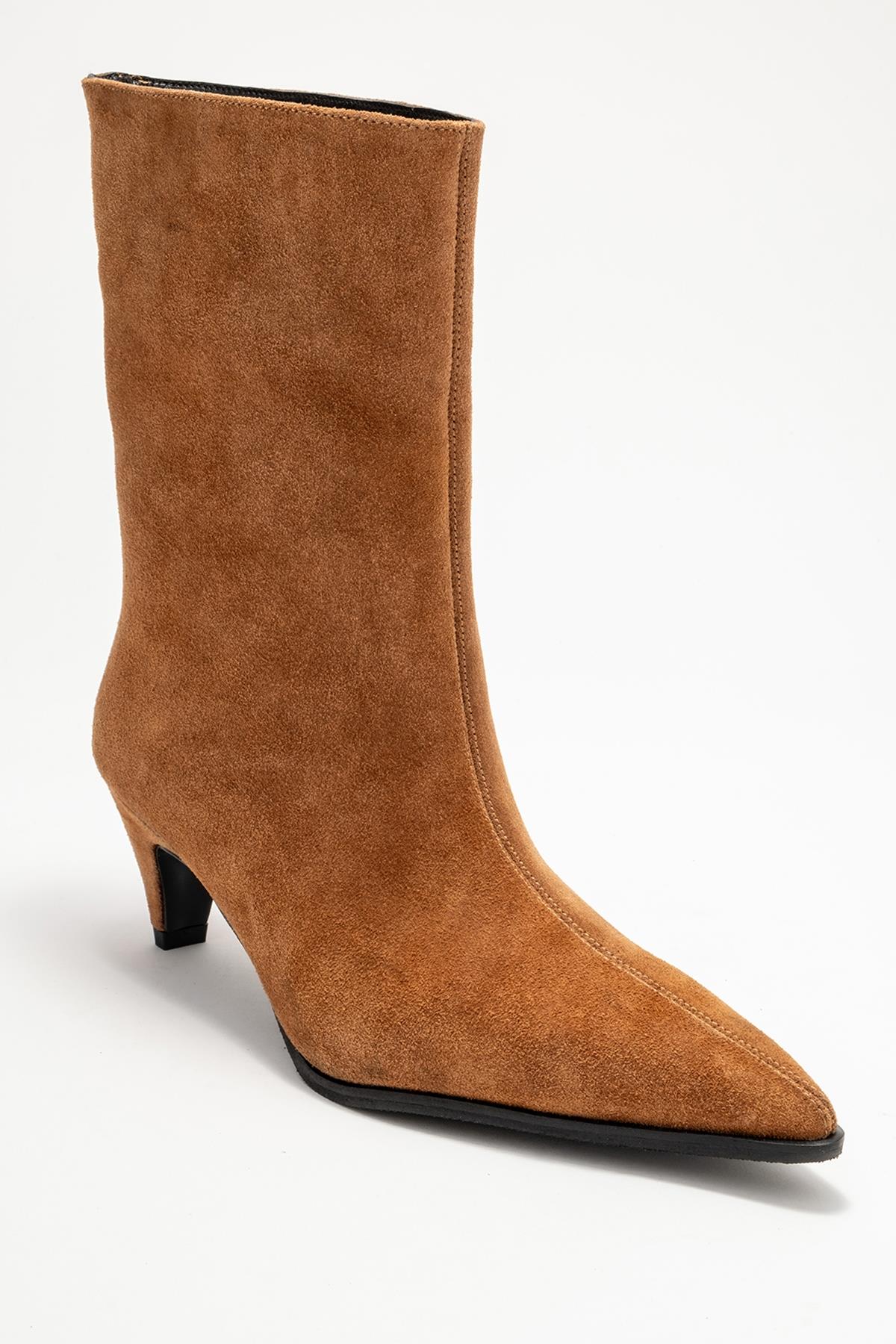 Aleo - Taupe Suede Genuine Leather Pointed Toe Short Heel Boot – detail view showing leather, suede, SimmiUnique
