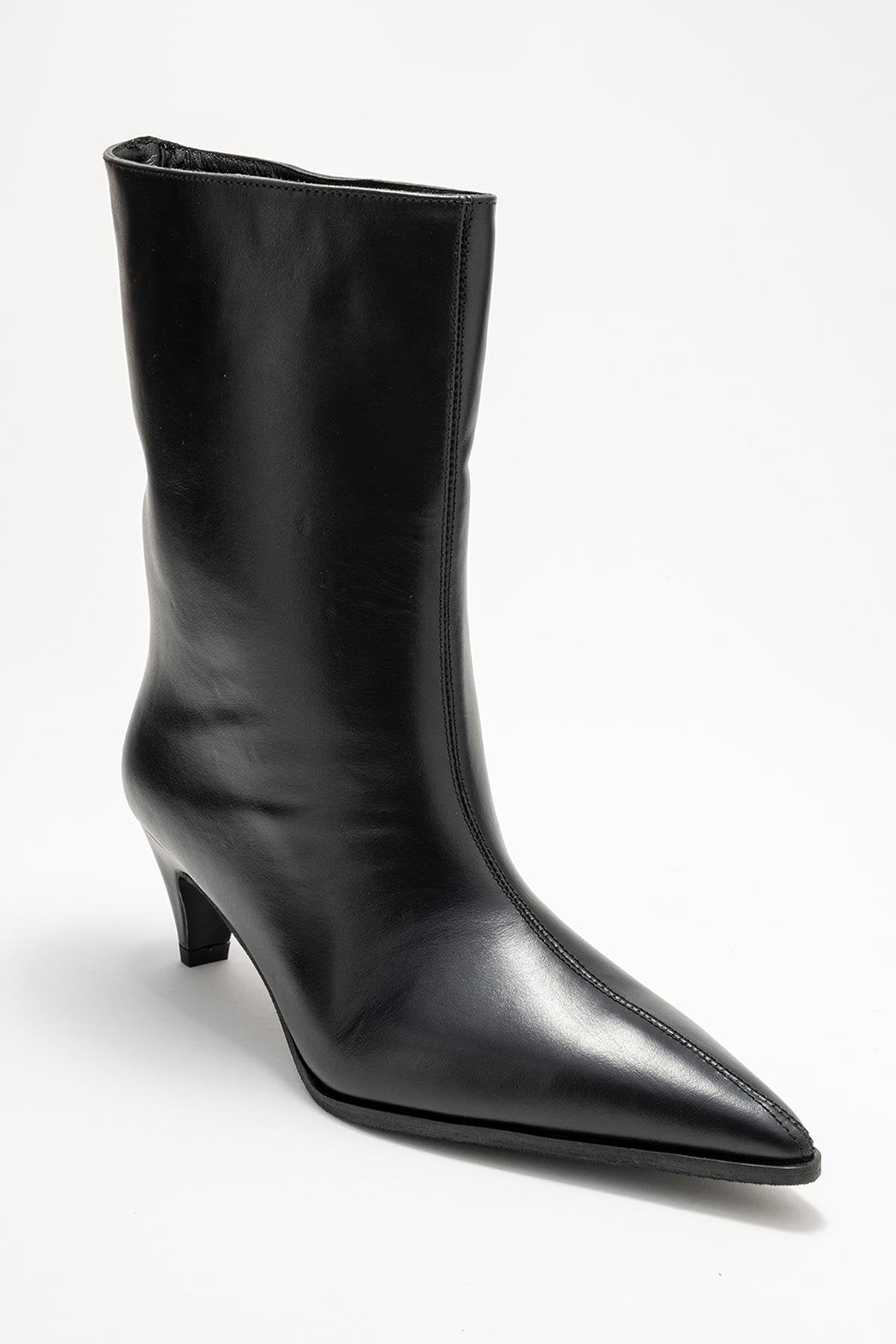 Aleo - Black Genuine Leather Pointed Toe Short Heel Boot – detail view showing leather, black, SimmiUnique