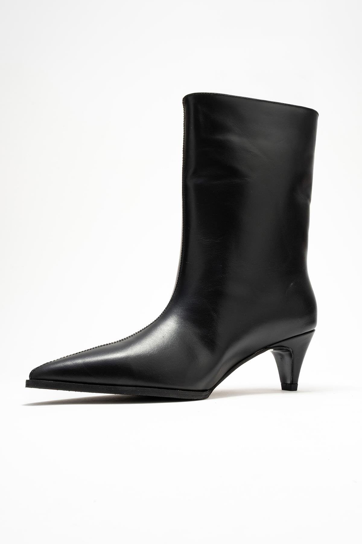 Aleo - Black Genuine Leather Pointed Toe Short Heel Boot – heel view showing leather, black, SimmiUnique