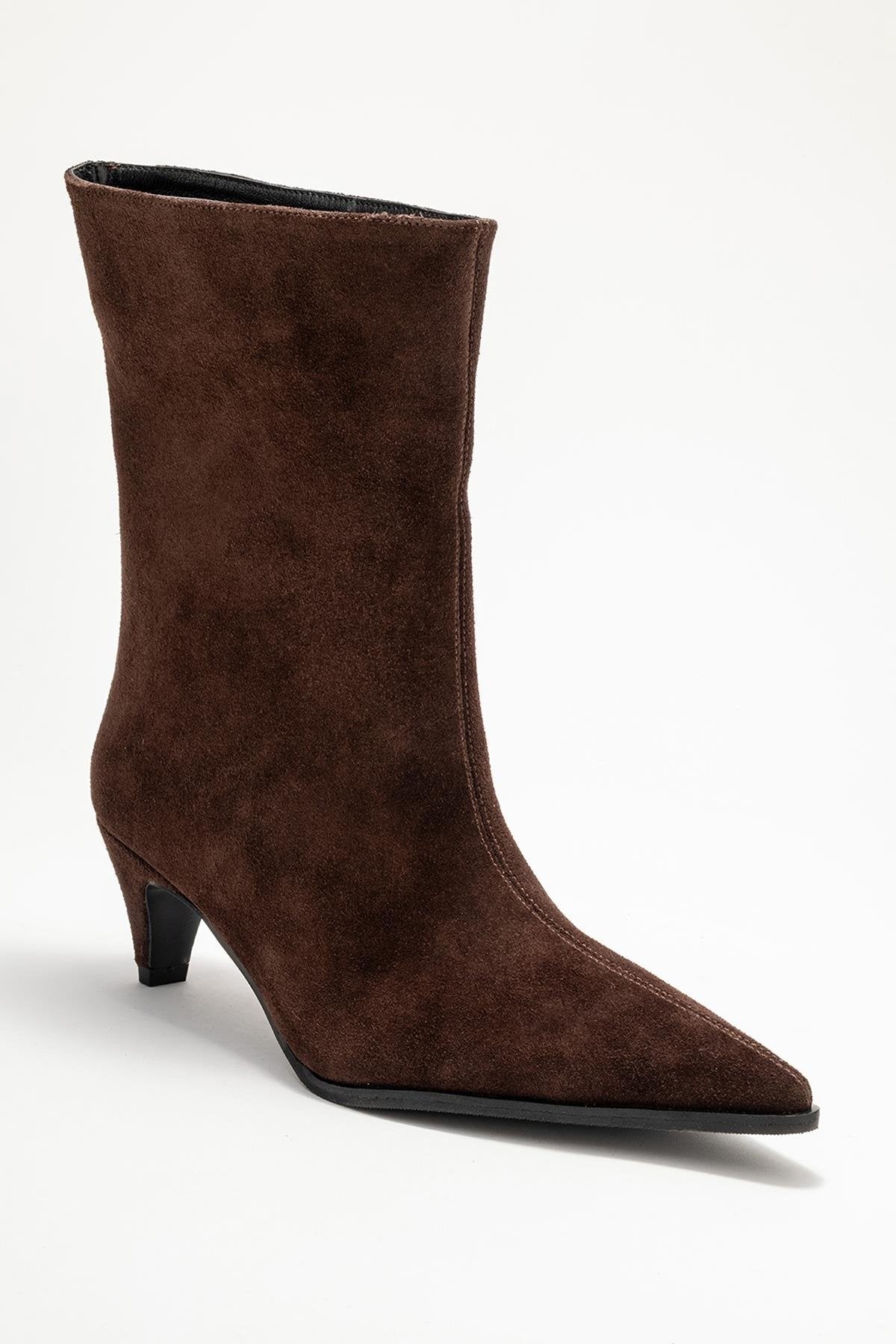 Aleo - Brown Suede Genuine Leather Pointed Toe Short Heel Boot – detail view showing leather, suede, SimmiUnique