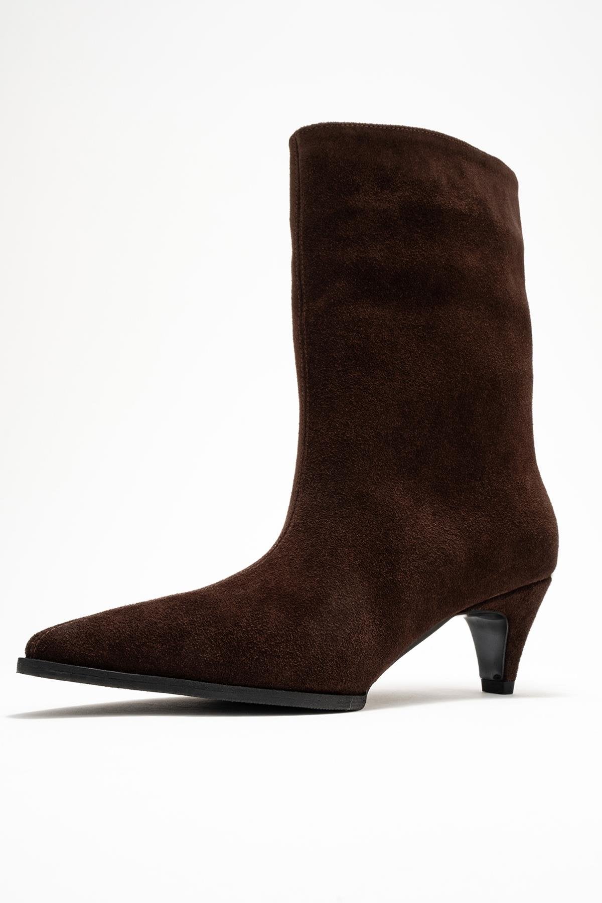 Aleo - Brown Suede Genuine Leather Pointed Toe Short Heel Boot – heel view showing leather, suede, SimmiUnique