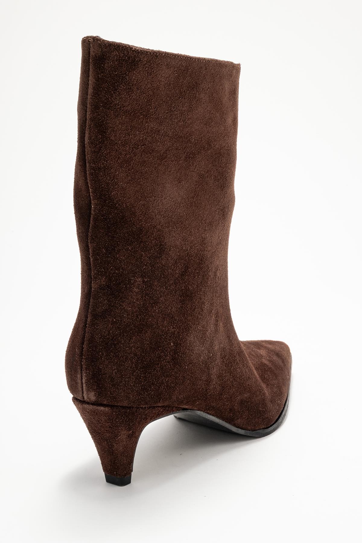 Aleo - Brown Suede Genuine Leather Pointed Toe Short Heel Boot – back view showing leather, suede, SimmiUnique