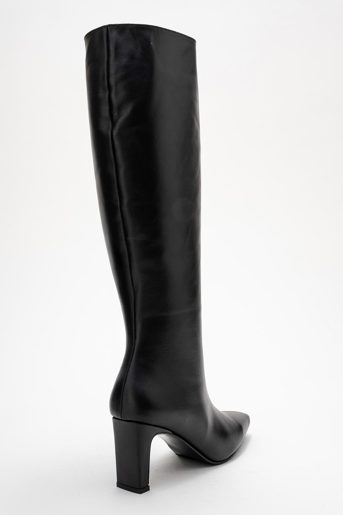 Valencia - Black Genuine Leather Block Heel Knee-High Boot – back view showing leather, black, SimmiUnique