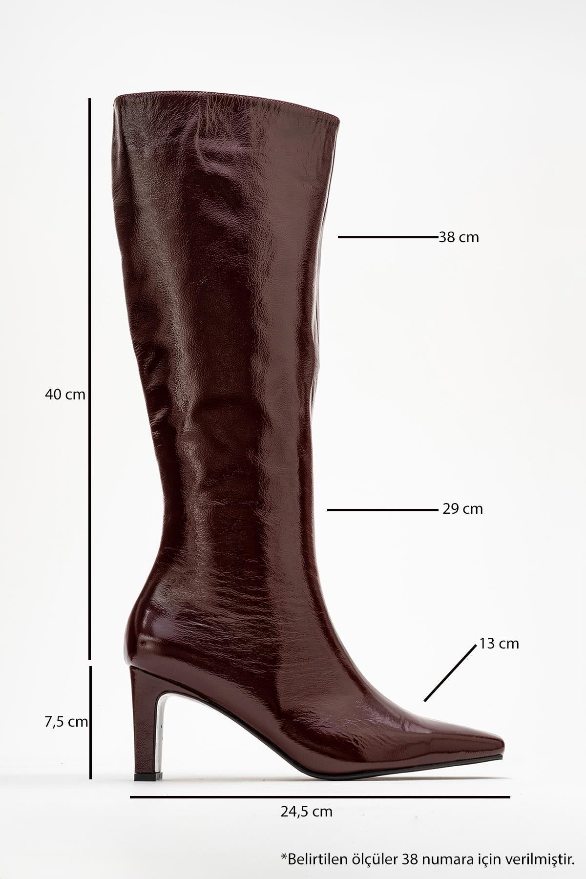 Valencia - Burgundy Patent Genuine Leather Block Heel Boot – top view showing leather, SimmiUnique