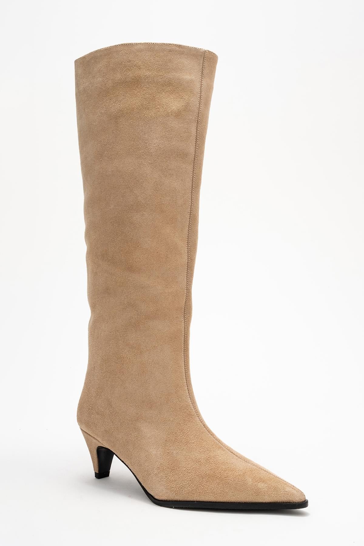 Siora - Beige Suede Genuine Leather Short Heel Boot – detail view showing leather, suede, SimmiUnique