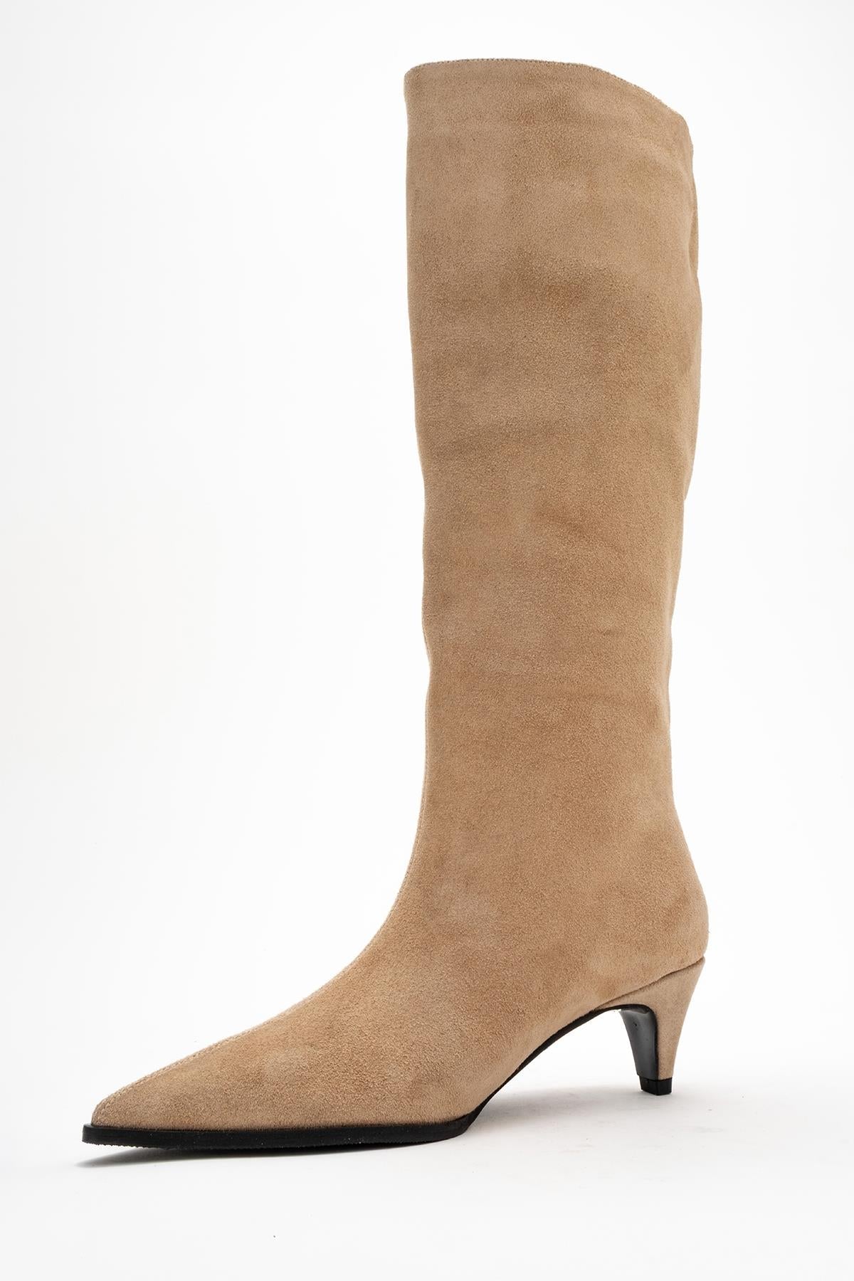 Siora - Beige Suede Genuine Leather Short Heel Boot – heel view showing leather, suede, SimmiUnique