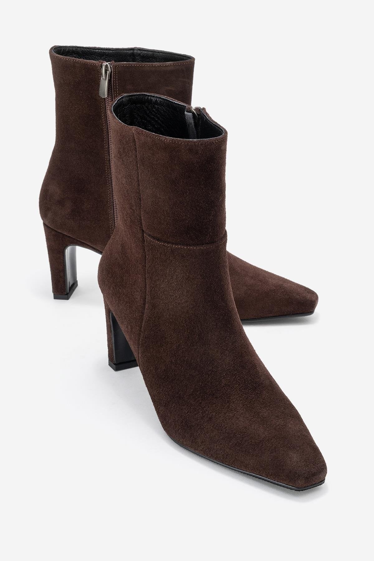 Kyoto - Brown Suede Genuine Leather Block Heel Boot – front three-quarter view showing leather, suede, SimmiUnique