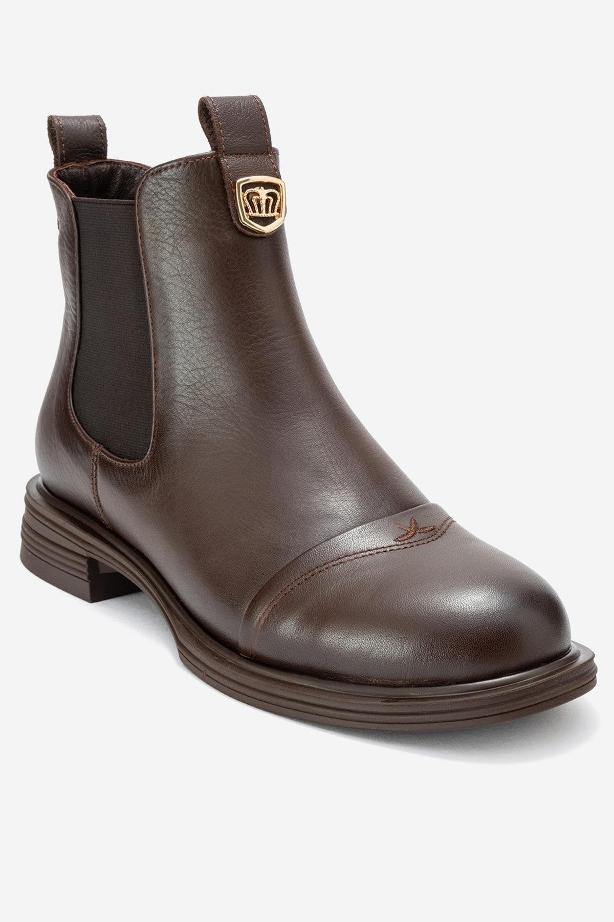 Sidney - Brown Genuine Leather Buckled Elastic Chelsea Boot – detail view showing leather, SimmiUnique