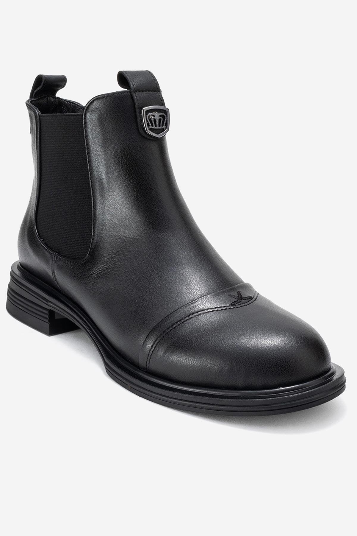 Sidney - Black Genuine Leather Buckled Elastic Chelsea Boot – detail view showing leather, black, SimmiUnique
