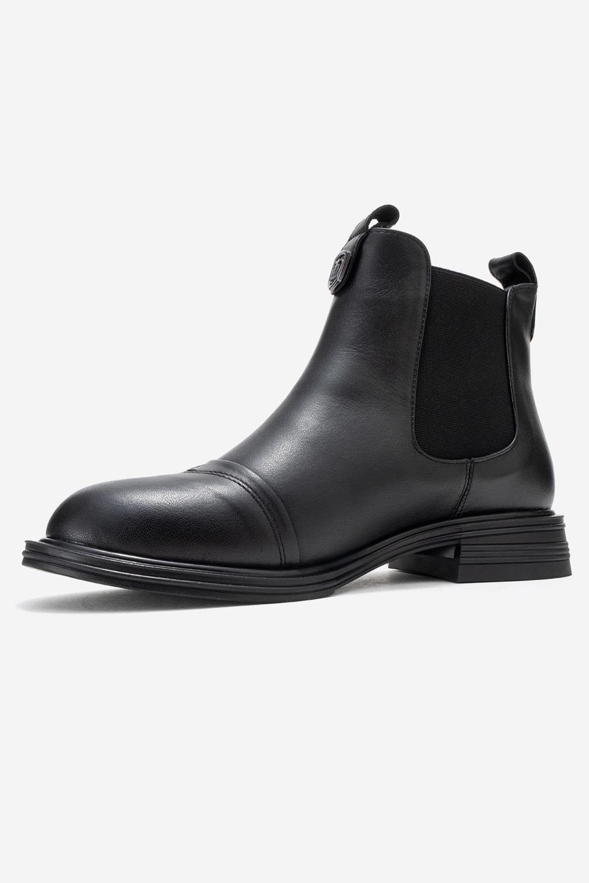 Sidney - Black Genuine Leather Buckled Elastic Chelsea Boot – heel view showing leather, black, SimmiUnique