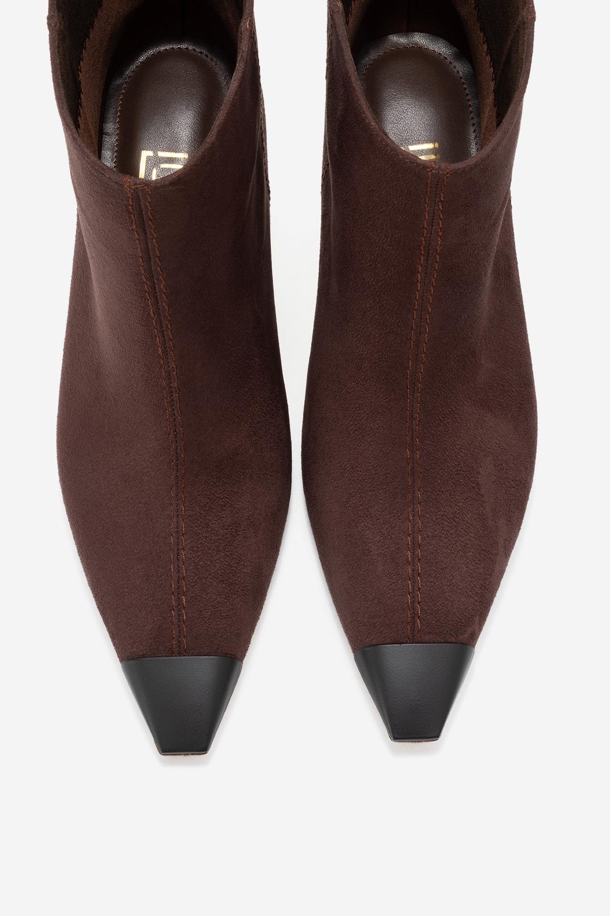 Rassel - Brown Suede Matte Toe Slim Heel Boot – side view showing suede, SimmiUnique