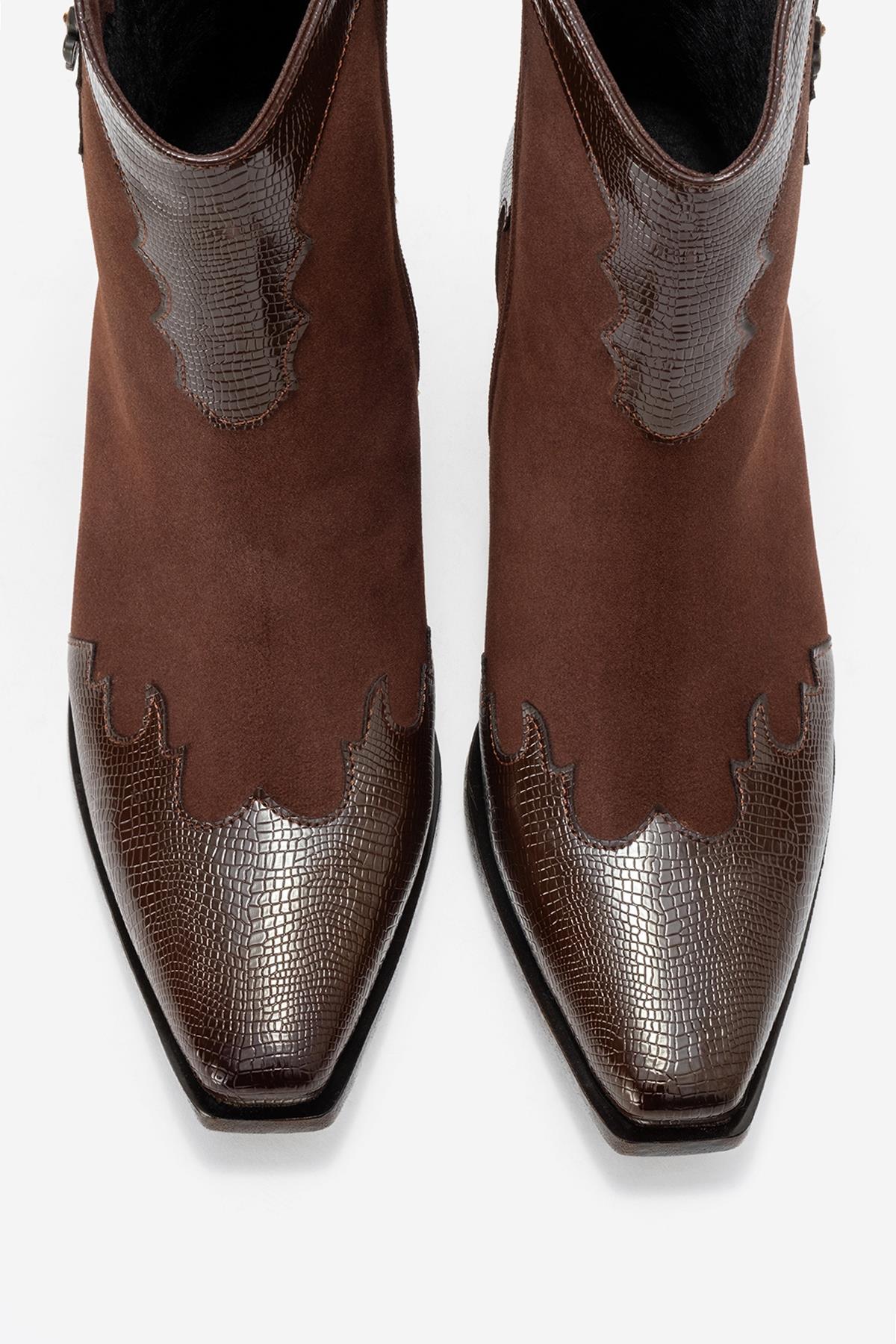 Loel - Brown Suede Patterned Chunky Western Boot – side view showing leather, suede, SimmiUnique