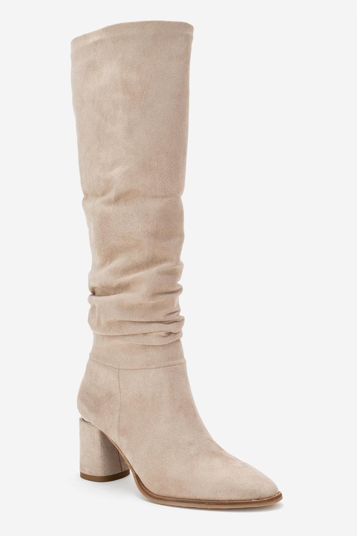 120 - Beige Suede Gusseted Block Heel Knee-High Boot – detail view showing leather, suede, red, SimmiUnique