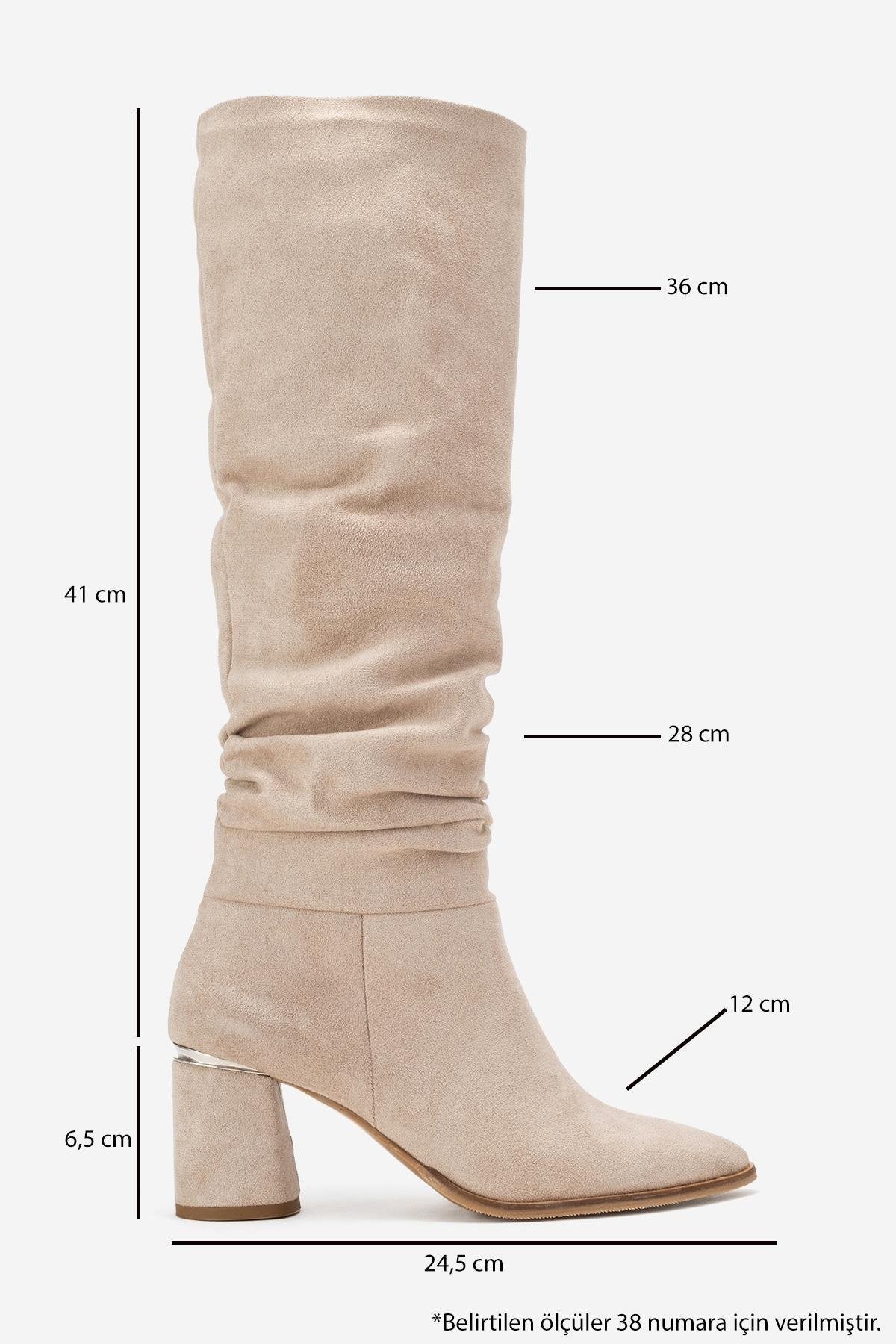 120 - Beige Suede Gusseted Block Heel Knee-High Boot – top view showing leather, suede, red, SimmiUnique