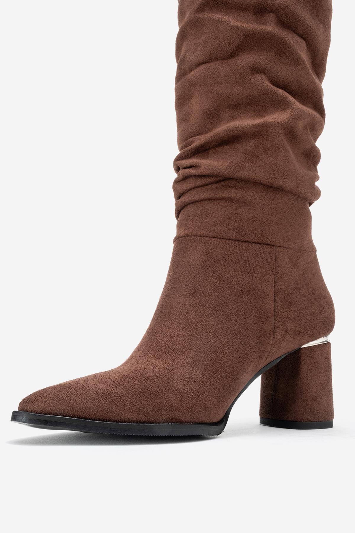 120 - Brown Suede Gusseted Block Heel Knee-High Boot – heel view showing suede, SimmiUnique