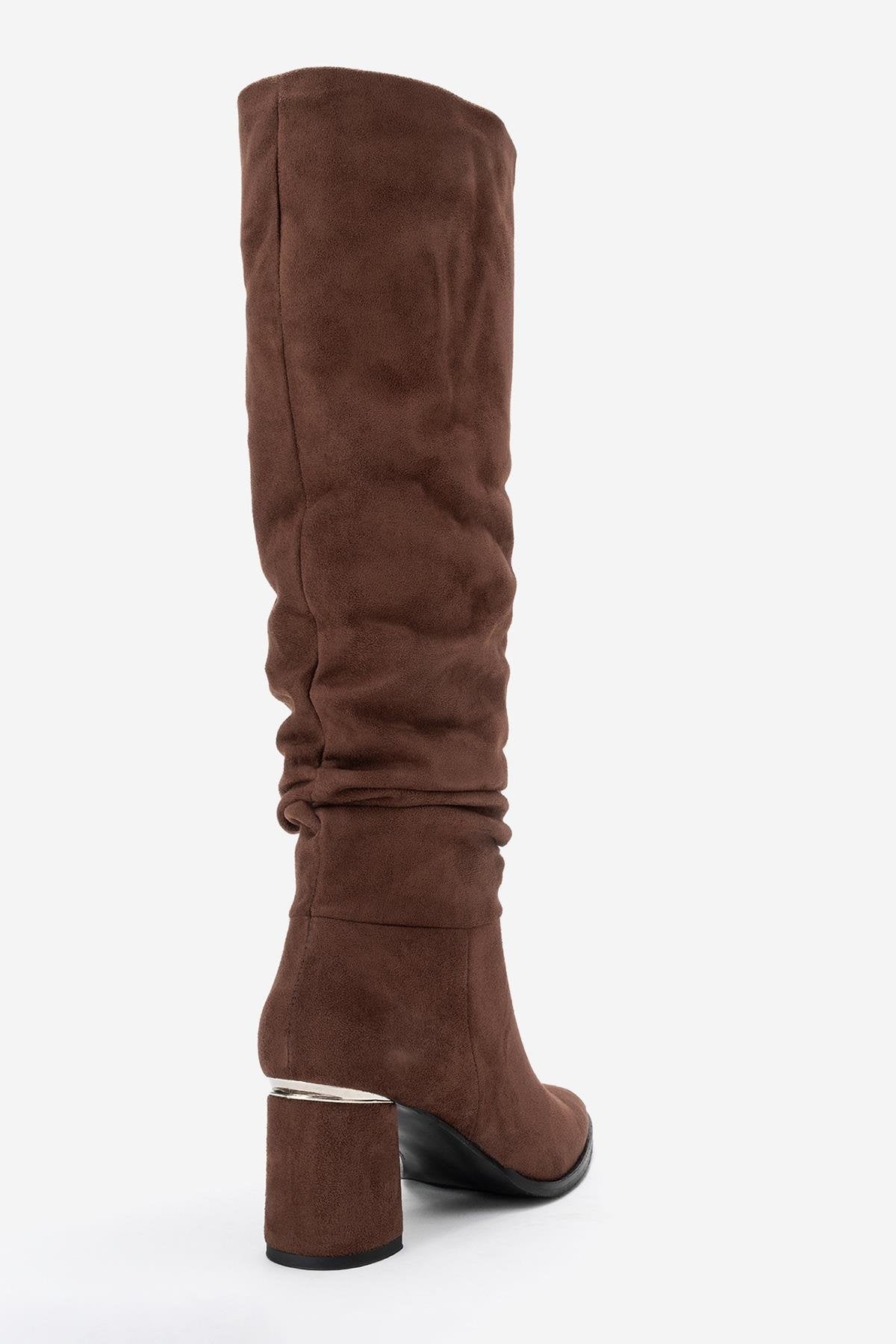 120 - Brown Suede Gusseted Block Heel Knee-High Boot – back view showing suede, SimmiUnique