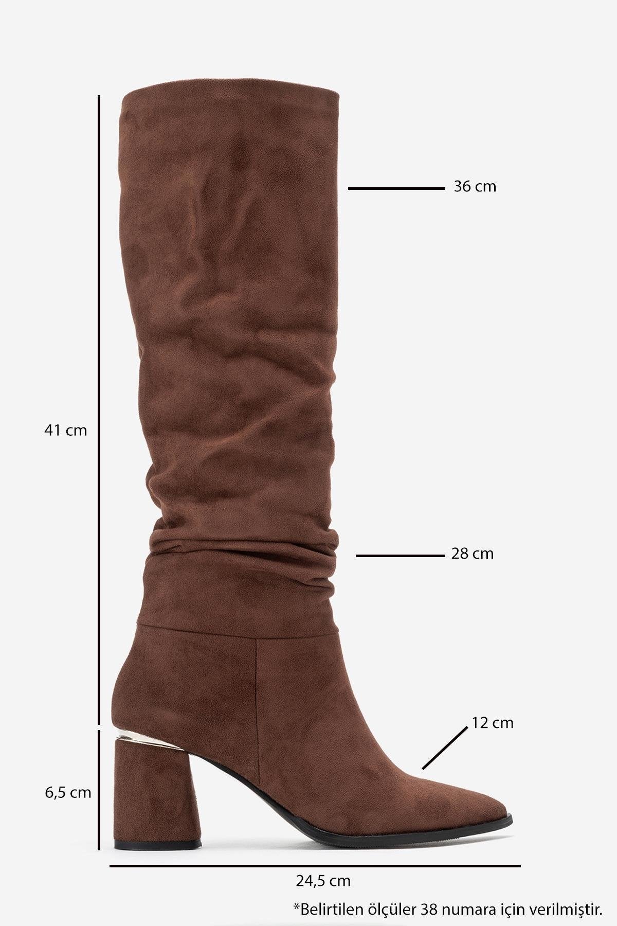 120 - Brown Suede Gusseted Block Heel Knee-High Boot – top view showing suede, SimmiUnique