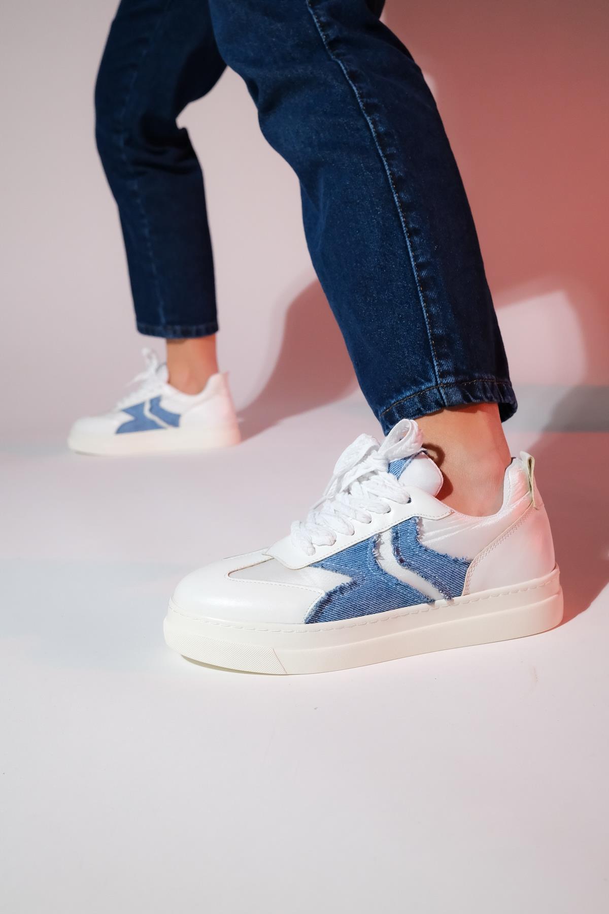 Sande - White Denim Detail Sport Sneaker – heel view showing leather, white, SimmiUnique