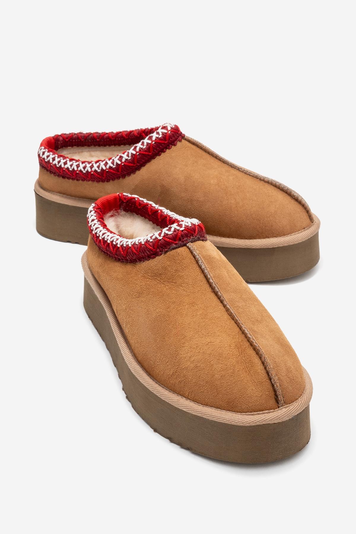 Avelia - Cognac Suede Genuine Leather Thick-Soled Winter Slipper – front three-quarter view showing leather, suede…