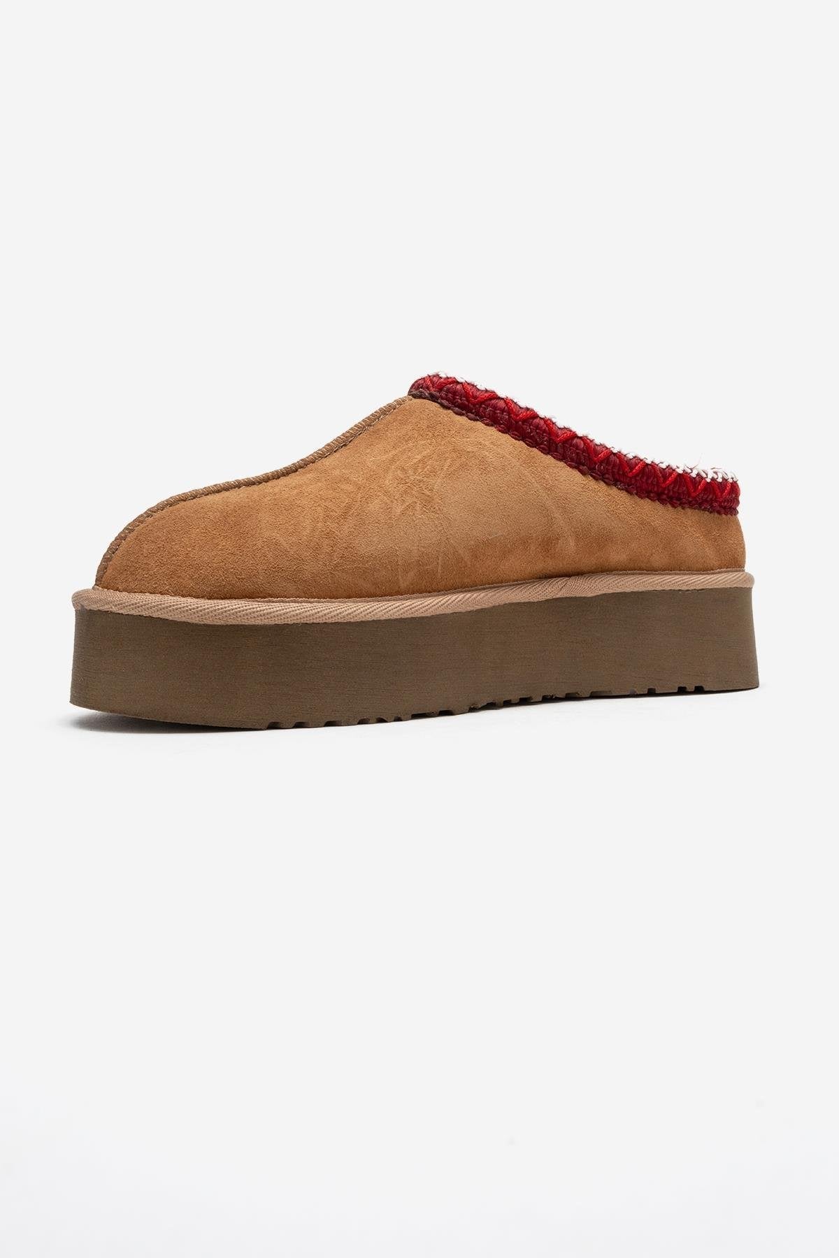 Avelia - Cognac Suede Genuine Leather Thick-Soled Winter Slipper – heel view showing leather, suede, SimmiUnique