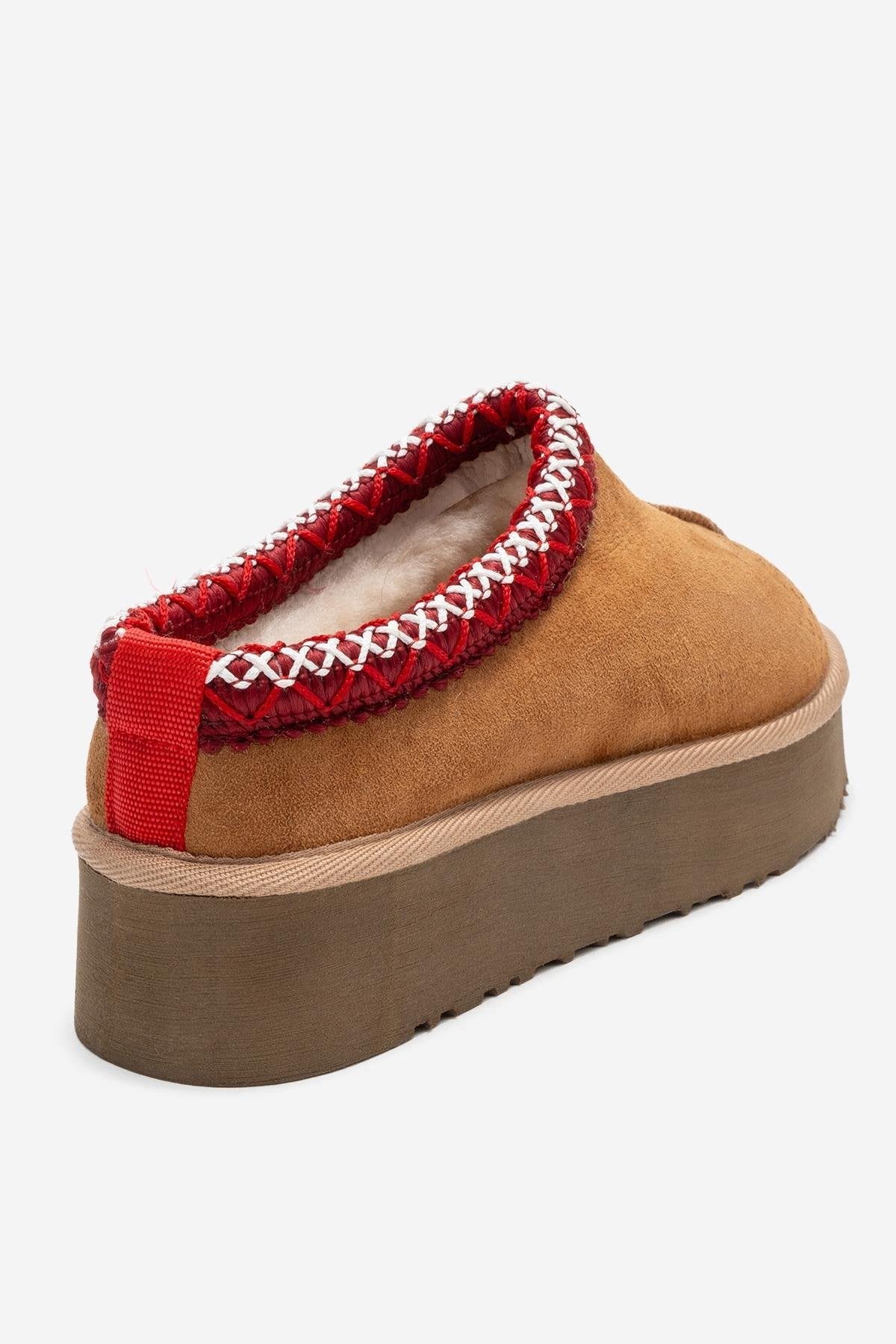 Avelia - Cognac Suede Genuine Leather Thick-Soled Winter Slipper – back view showing leather, suede, SimmiUnique